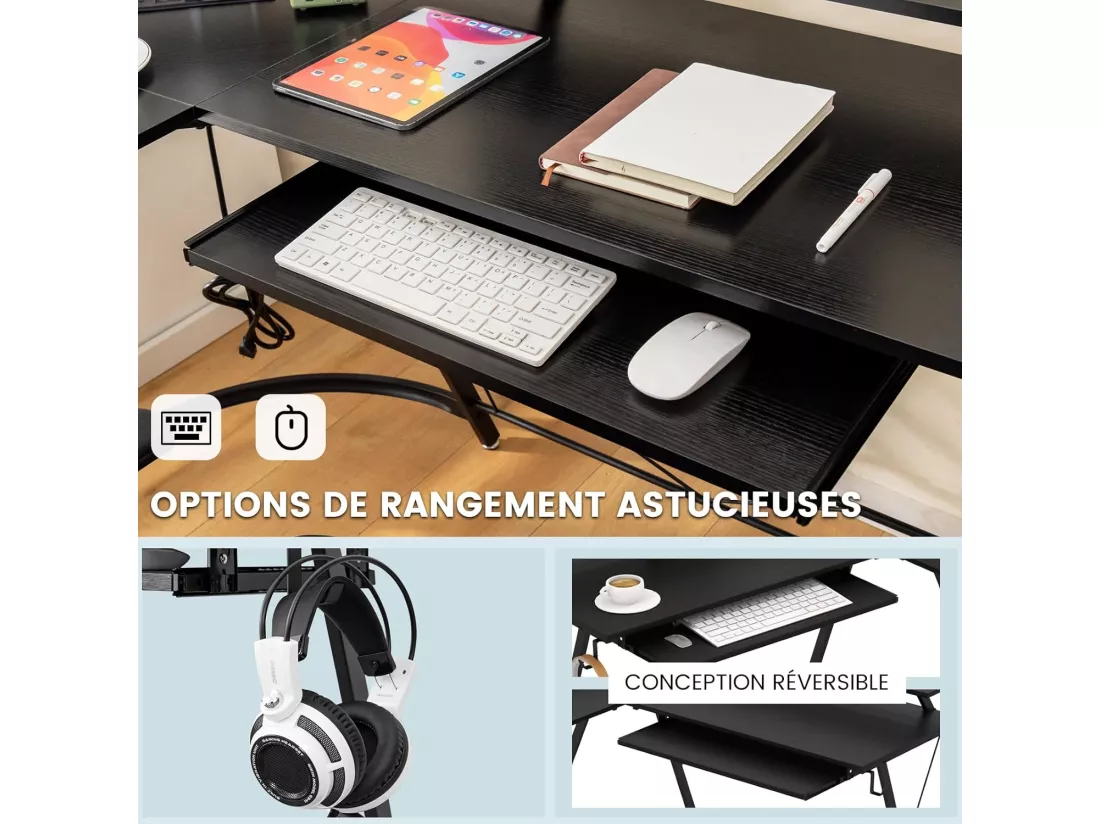 Bureau d'angle 130 x 130 cm, Bureau d'Ordinateur en Forme de L avec Long Support de Moniteur, Plateau à Clavier, Table Informatique avec 2 Prises de Courant & 2 USB (Noir)