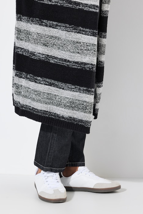 Strickjacke, extra lang, offene Form, Blockstreifen
