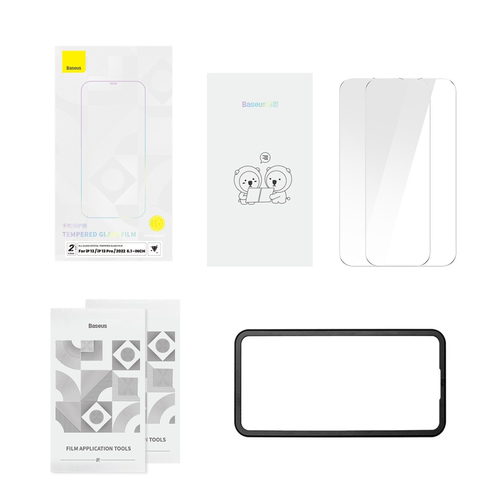 (2er Set) Baseus - iPhone 14 / iPhone 13 / 13 Pro Vollbild Panzer Glas Display Schutz Montagerahmen - Transparent
