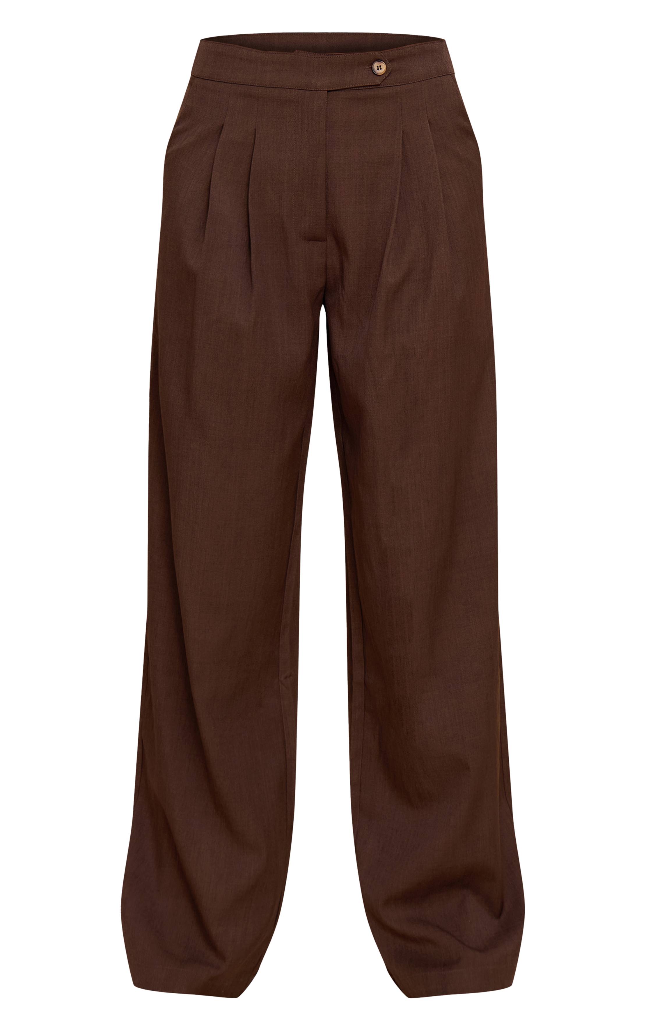 Marron Foncé Pantalon Large Plissé En Tissu Tissé Ajusté