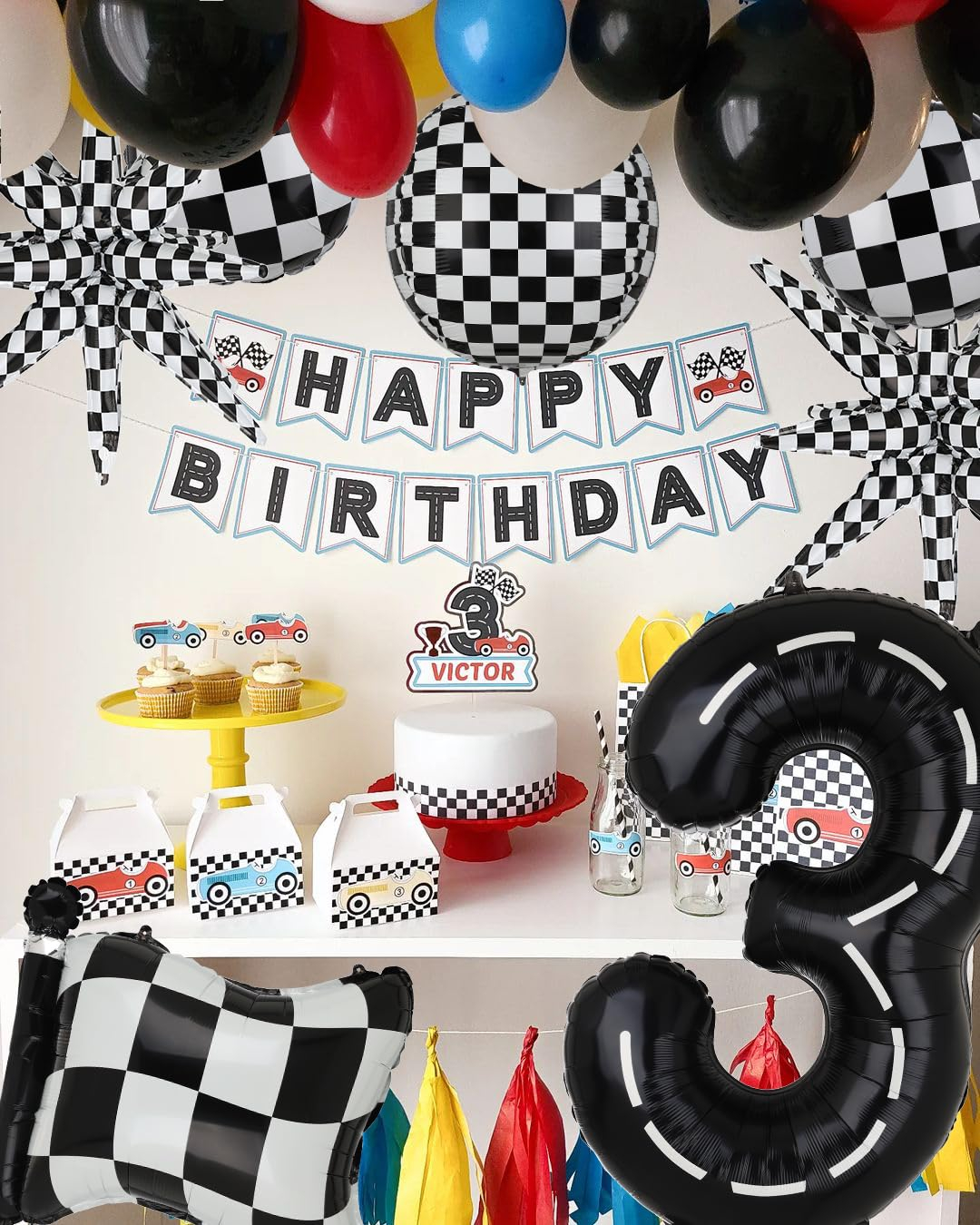 (12-tlg. Set) Auto Rennen Folien Ballons Car Rennauto Party Deko - Schwarz / Weiss