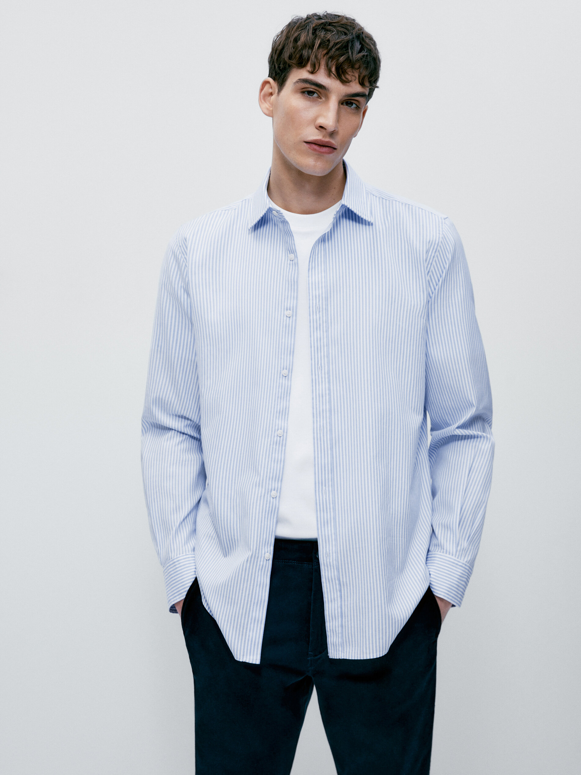 Camisa Oxford slim fit Rayas Algodón - AZUL CLARO