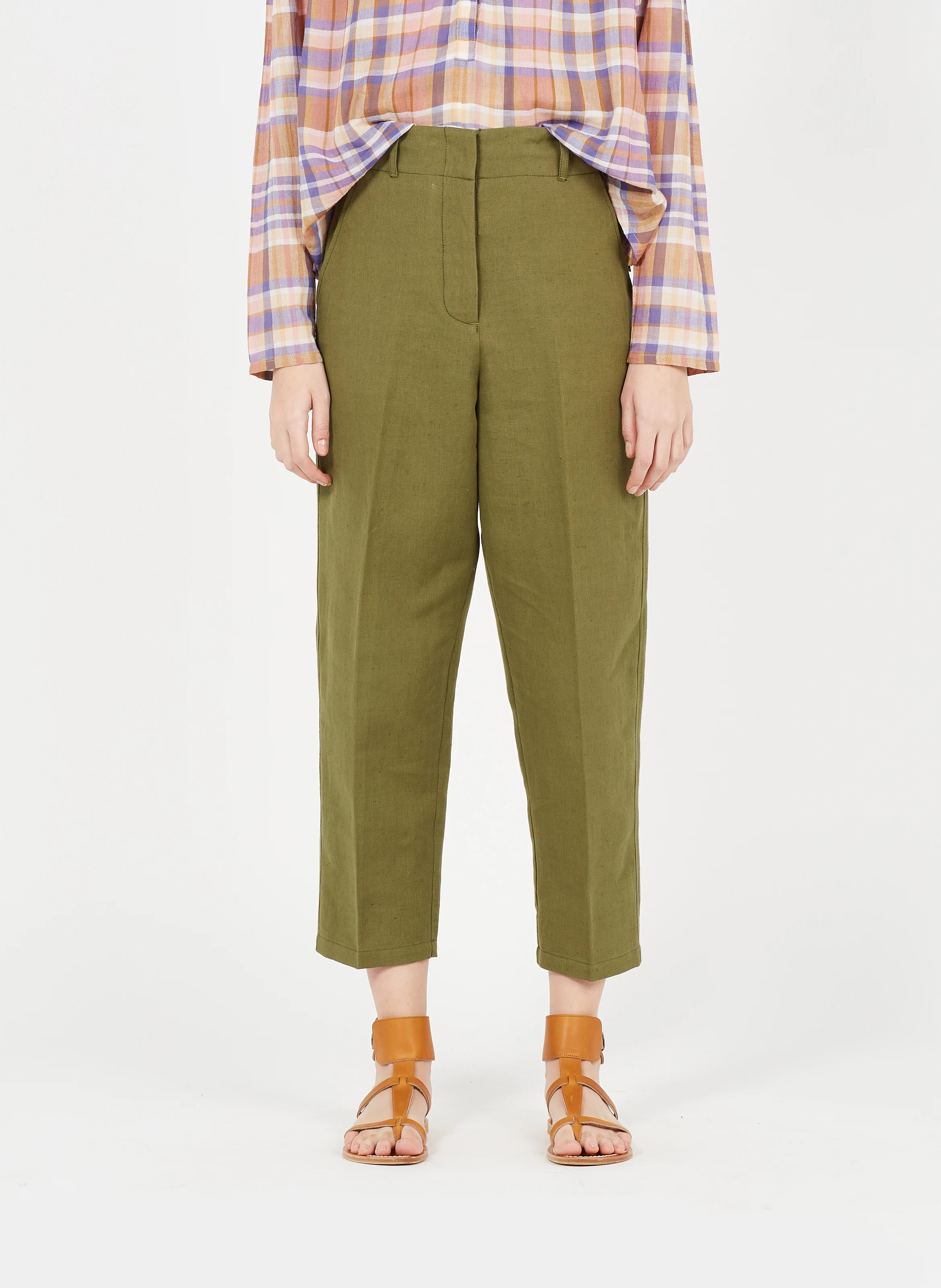 ALAN - Pantalon carotte taille haute en lin et coton | Kaki