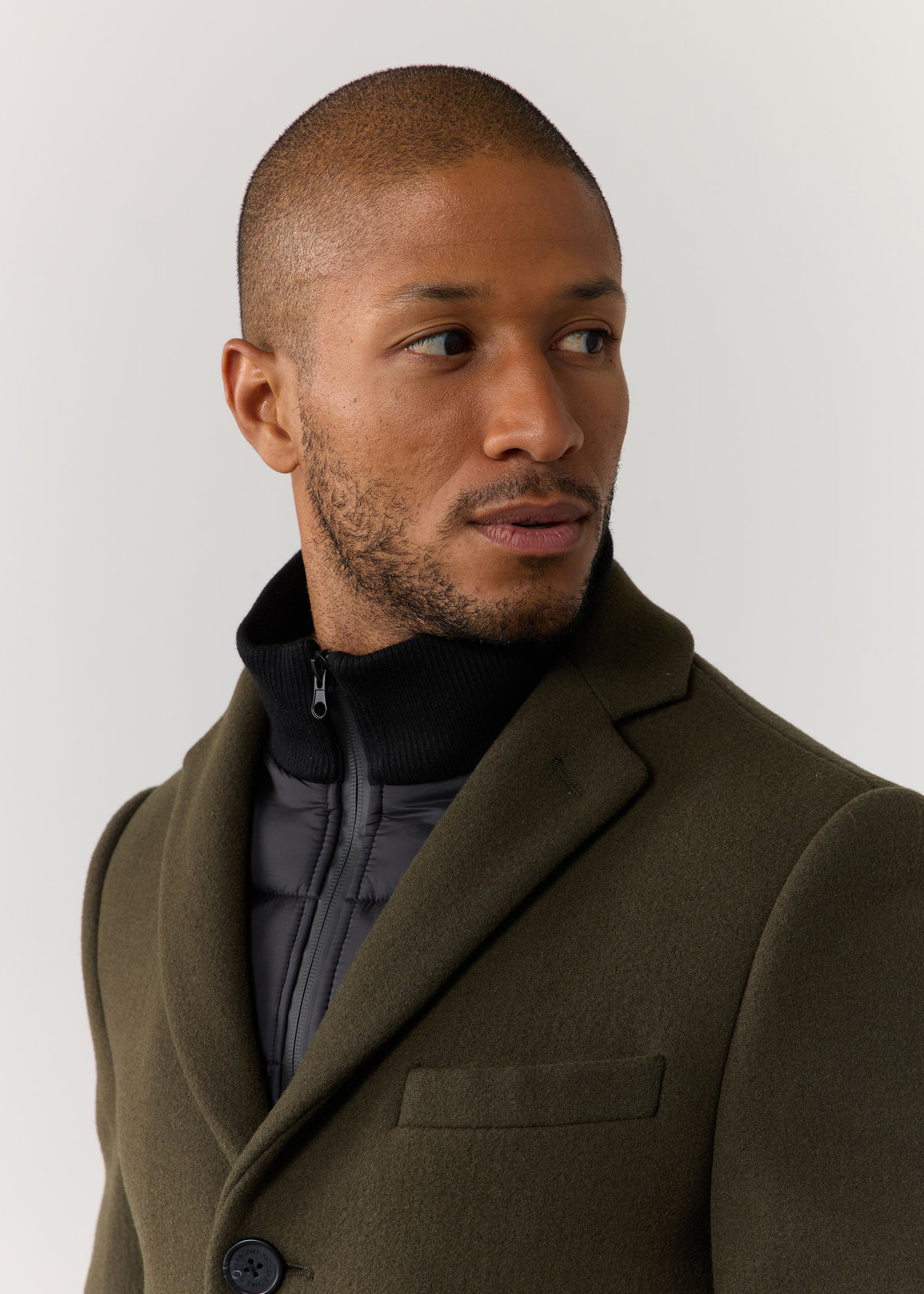 Manteau en laine mélangée unie kaki à parementure amovible