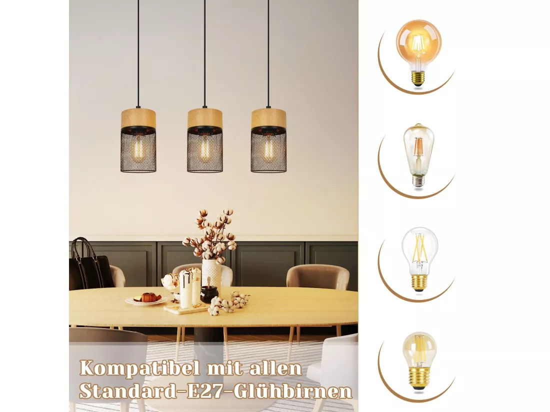 NETTLIFE Lampe à suspendre Vintage Bois veiné Table à manger Noir Industriel E27 25W Suspension