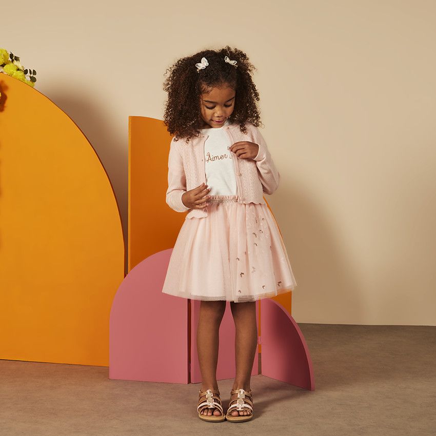 T-shirt manches courtes à broderie dorée pour fille - Ecru