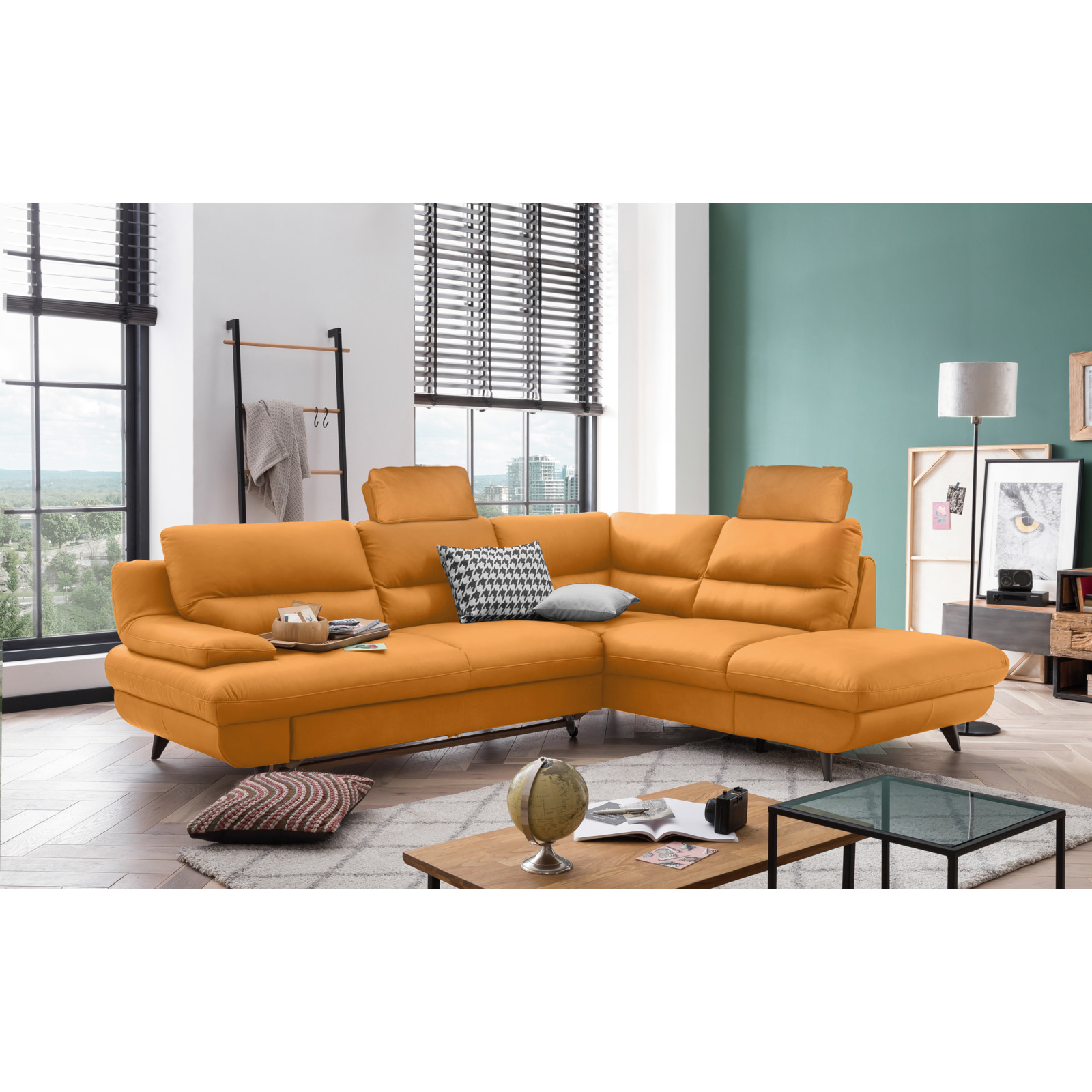 Ecksofa Pike Leder, Ottomane rechts amber