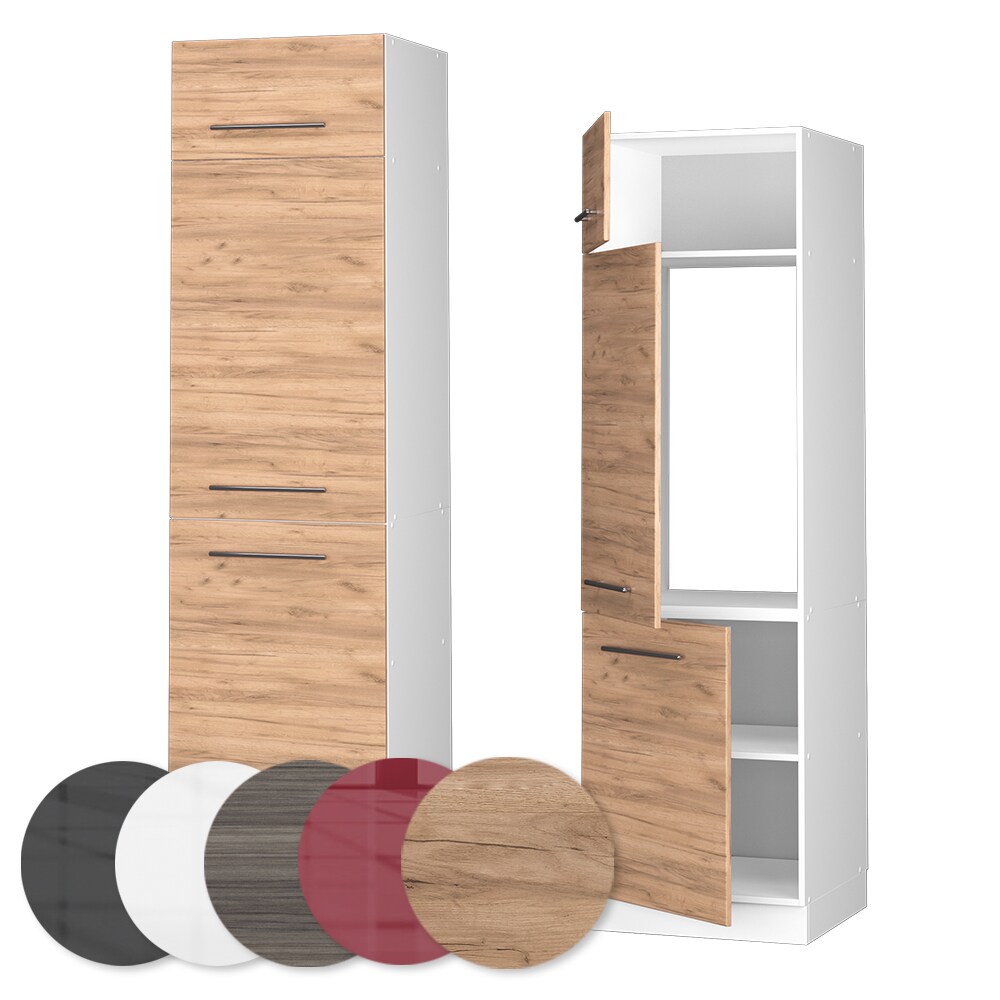 Vicco Kühlumbauschrank Küchenschrank Küchenmöbel Fame-Line Weiß Eiche modern 60 cm Küche Einbauküche Blende Drehtür Einlegeboden Kühlschrank Küchenzeile