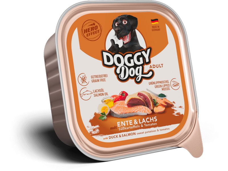 DOGGY Dog Nassfutter Schale Ente, Lachs Adult 150 g Alleinfuttermittel für ausgewachsene Hunde