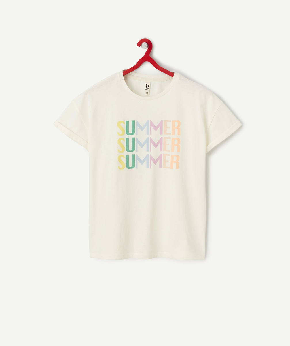 t-shirt fille en coton bio écru avec messages summer colorés