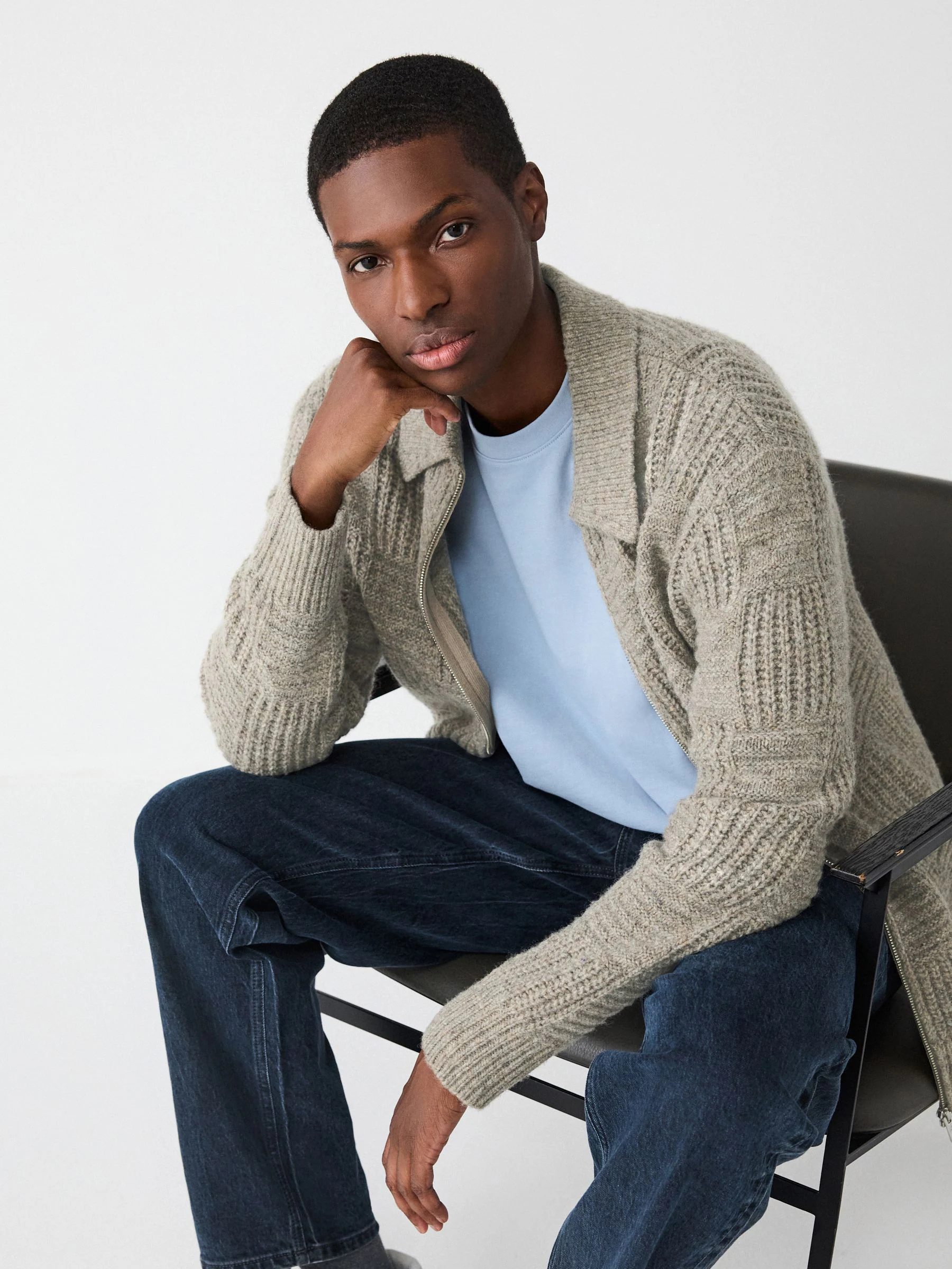 Neutraal - Relaxed Fit Checkerboard Textured Knit Zip Through Collared Cardigan with Wool