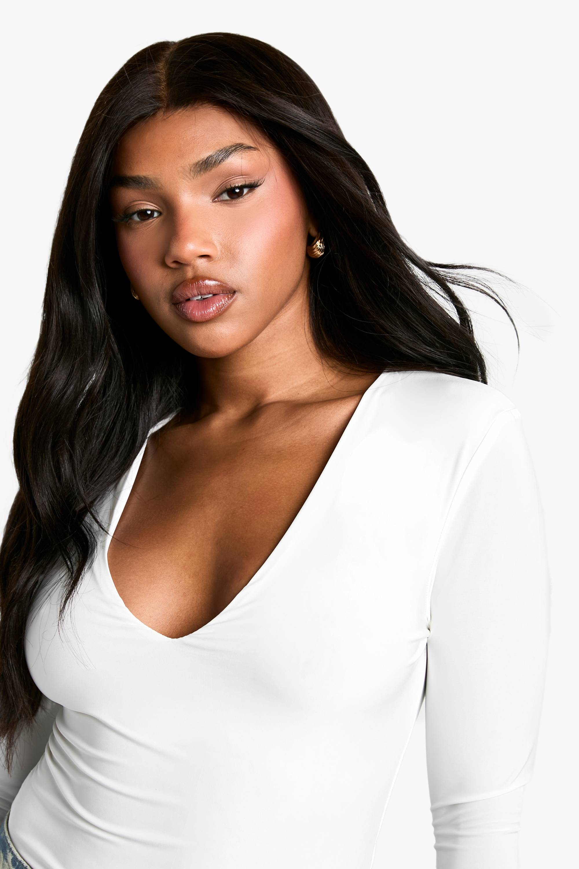 boohoo Double couche en tissu fluide avec décolleté plongeant à l’avant et manches longues
