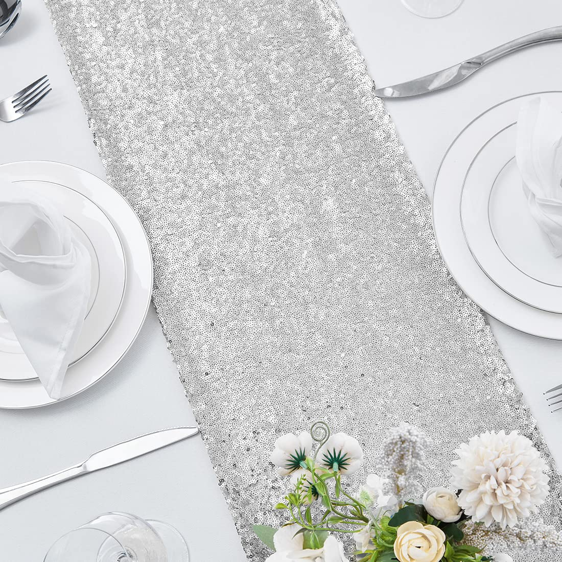 (6er Set) 275x30cm Pailletten Tischläufer Party Deko Glitzer Tischtuch - Silber