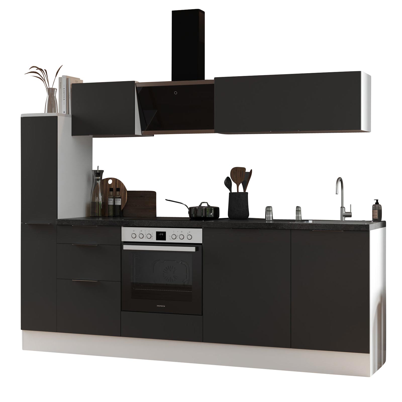 RESPEKTA Küchenblock - grau matt - weiß matt - mit E-Geräten - 250 cm
