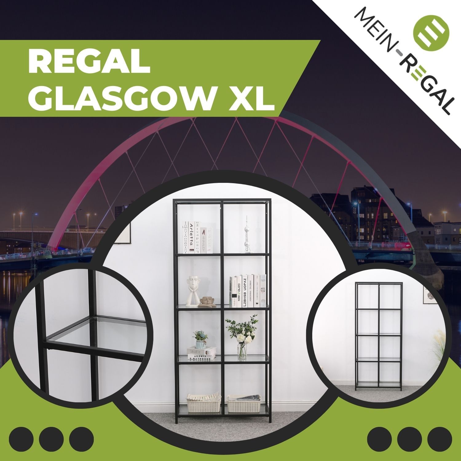 Mein-Regal Regal Glasgow XL schwarz 80x35x185cm Metall Glasoberfläche 4 Etagen