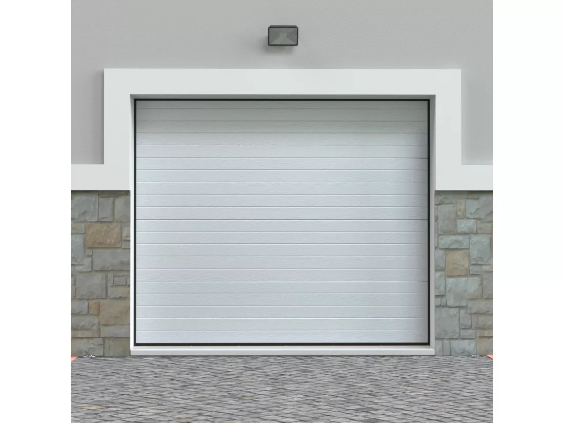 Porte de garage sectionnelle effet rainuré blanc avec moteur Somfy L254 x H218 cm - NORIA