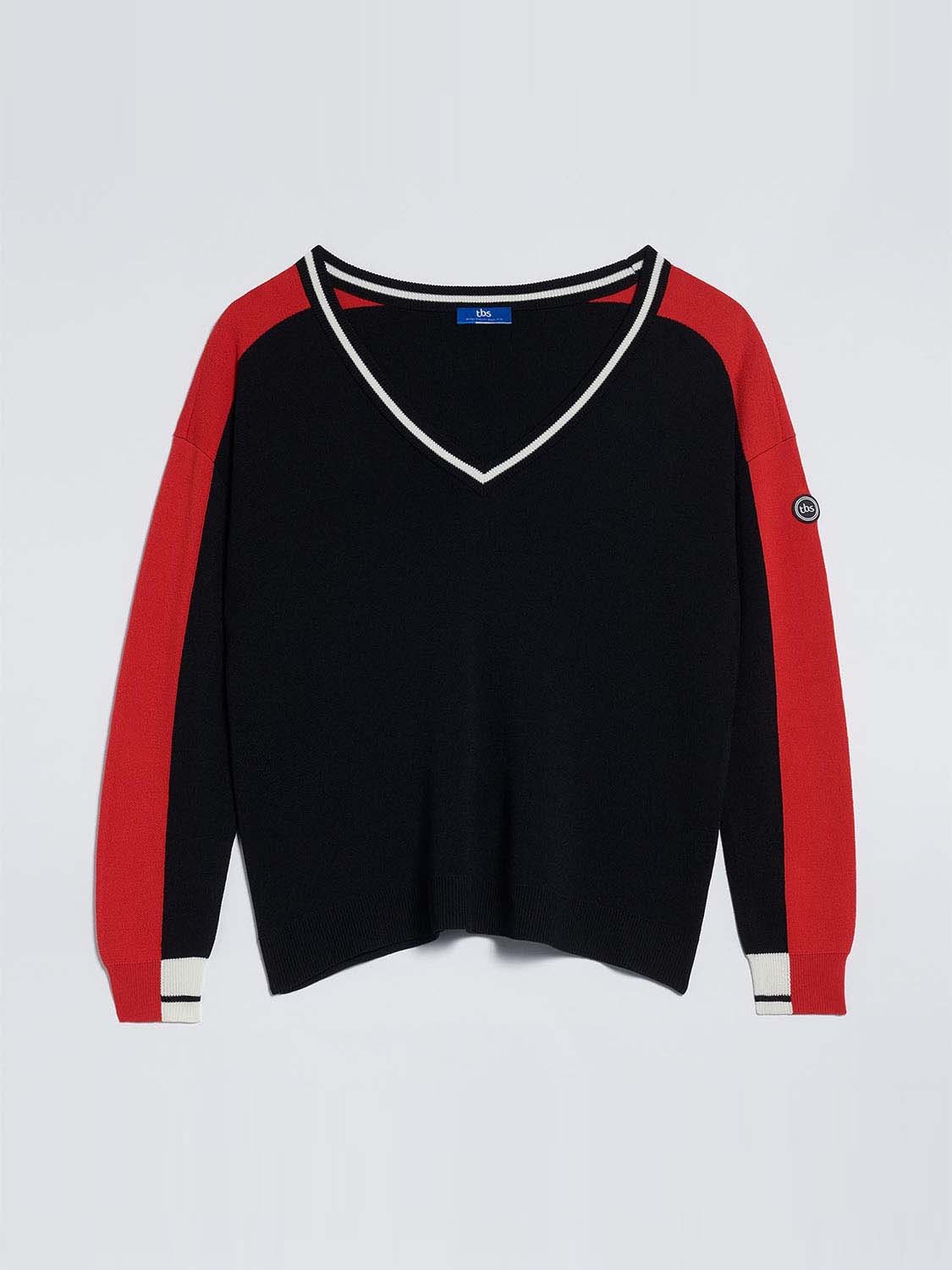 Pull Femme Col V Noir et Rouge