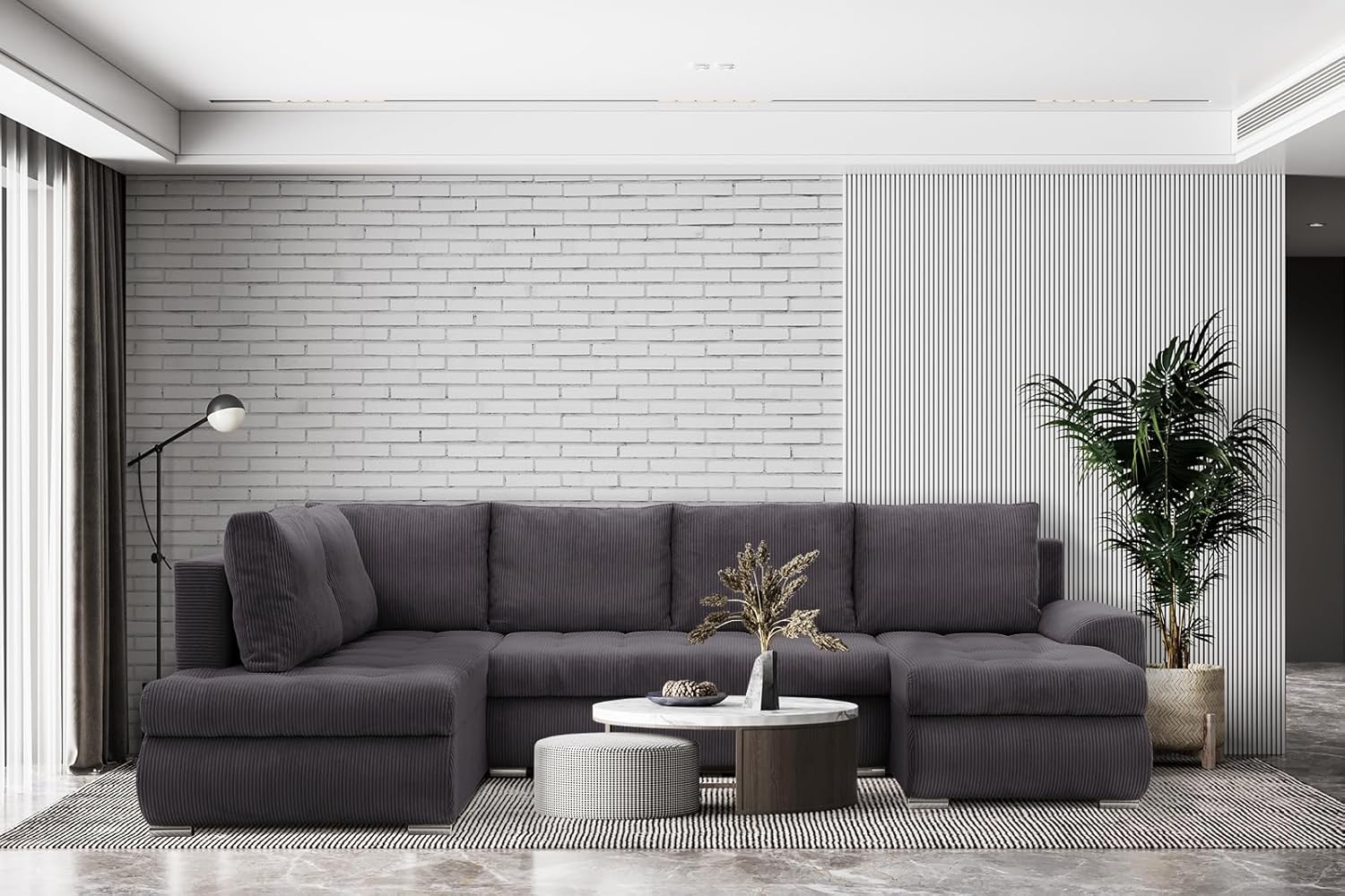Mebligo - Ecksofa mit Schlaffunktion und Bettkasten Tokio II PRO, 300 cm Breit, Wohnzimmer Eckcouch Ottomane Rechts, Sofa Cord mit Bettfunktion - Sofa Grau (Poso 022)
