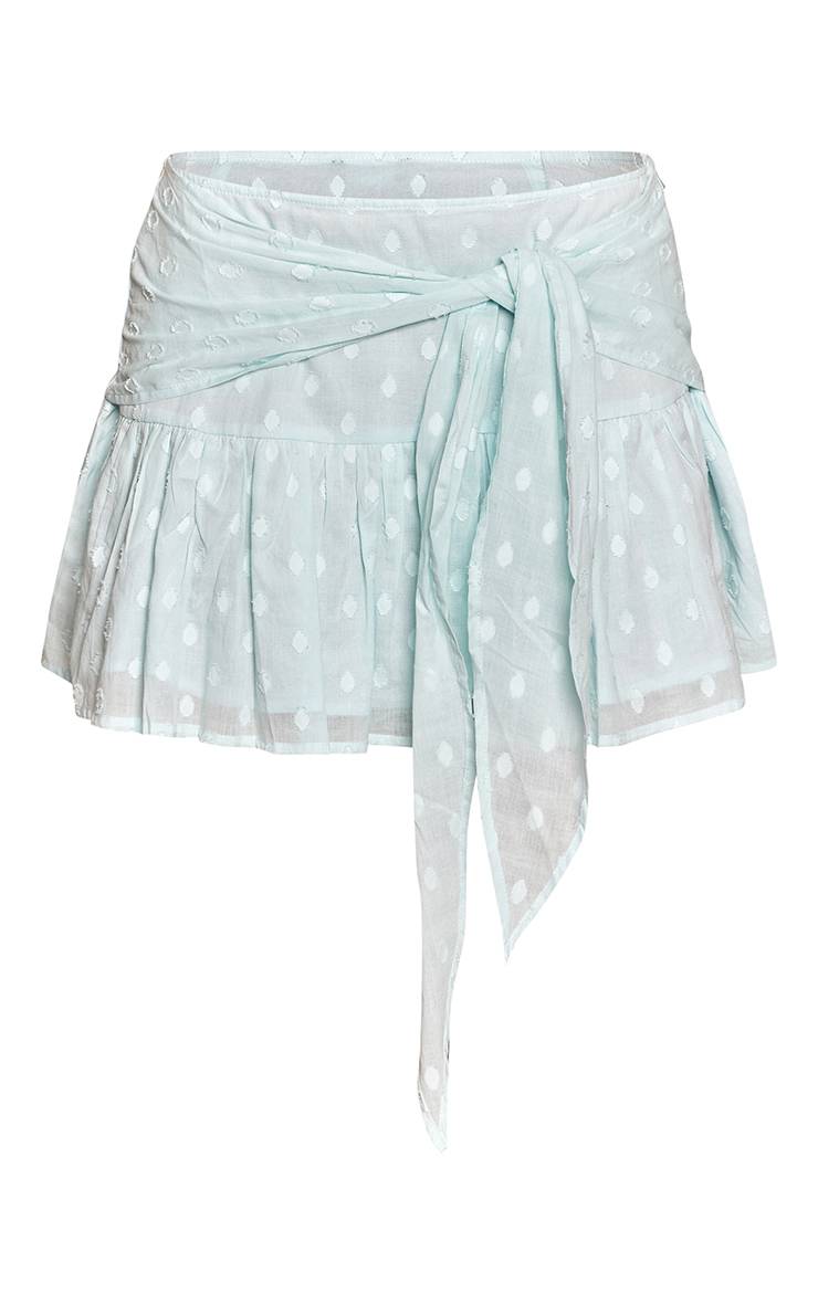 Bleu Clair Mini-jupe En Coton À Pois Gaufrés Avec Détail Portefeuille