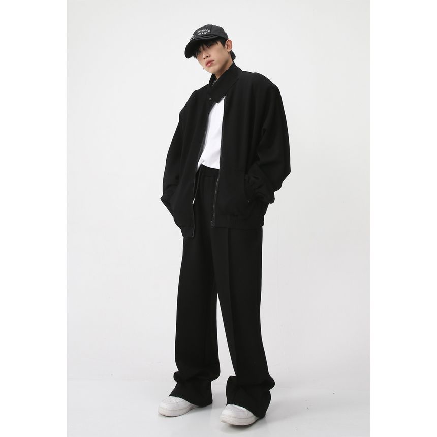 FAERIS - Mock-Neck Plain Zip-Up Jacket / High Waist Wide Leg Pants