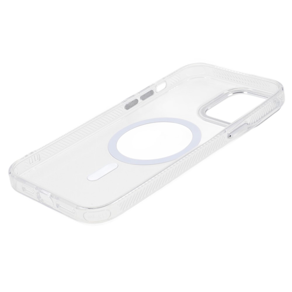 iPhone 14 Pro Max MagSafe Gummi Case Hülle mit Glitzer Aluminium Kameraschutz - Weiss / Transparent
