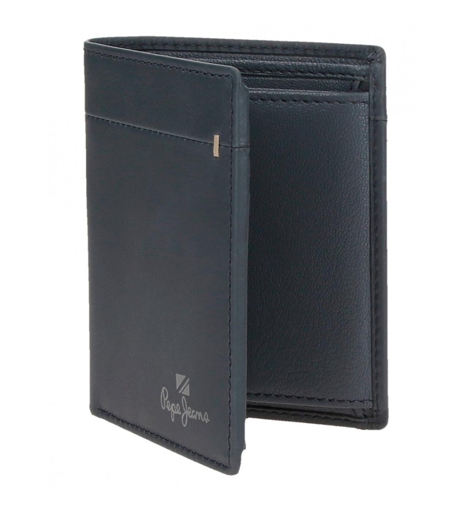 Carteira Pepe Jeans Vertical Staple em couro azul marinho