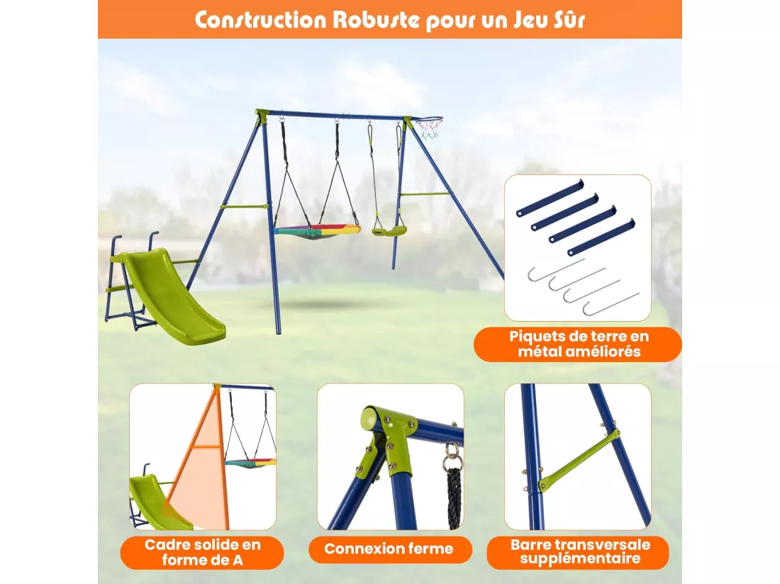 Portique de Balançoire 4 en 1 avec Toboggan & Panier de Basket, Balançoire Nid d'Oiseau Ø82 cm et en U avec Hauteur Réglable, Charge 50kg pour 4 Enfants de 3-12 Ans