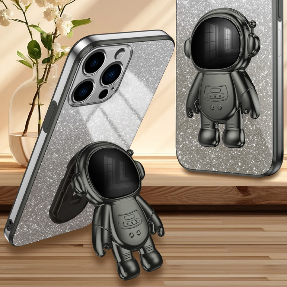 iPhone 15 Pro Hybrid Hardcase Glitzer Hülle   Astronauten Kickstand Aufsteller   Kameraschutz - Schwarz / Silber