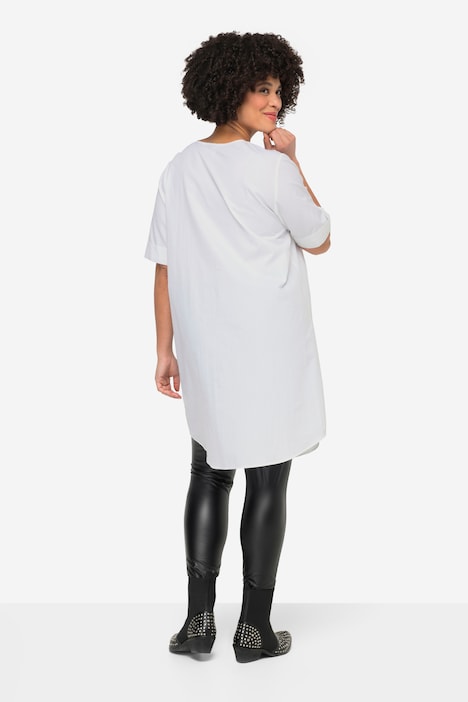 Longbluse, Popeline, V-Ausschnitt, Halbarm