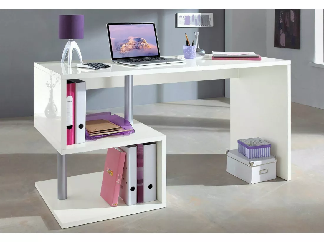 Bureau Dmorisc, Bureau PC Linéaire, Table de bureau polyvalente, Bureau gain de place multi-positions, 100% Made in Italy, 140x60h78 cm, Blanc brillant