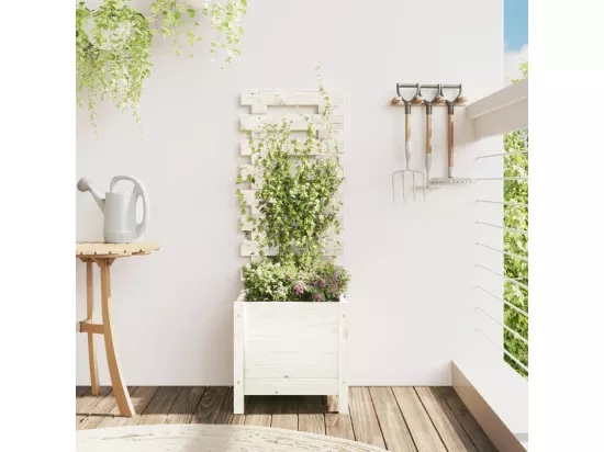 Jardinière avec support blanc 39x39,5x114 bois de pin massif