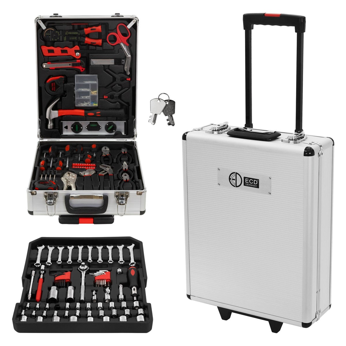ECD Germany aluminium gereedschapskoffer, 180-delig kwaliteitsgereedschap, zilver, chroom-vanadiumstaal, 4 niveaus, met wielen, gereedschapskist, gereedschapskist, gereedschapstas, gereedschapskist, gereedschapsset, gereedschapswagen