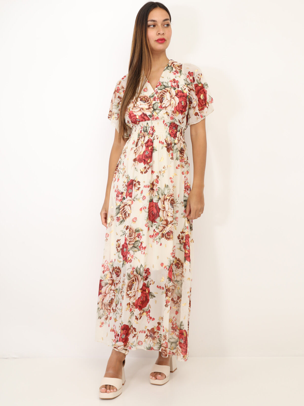 Robe longue cache cœur à fleurs- Beige