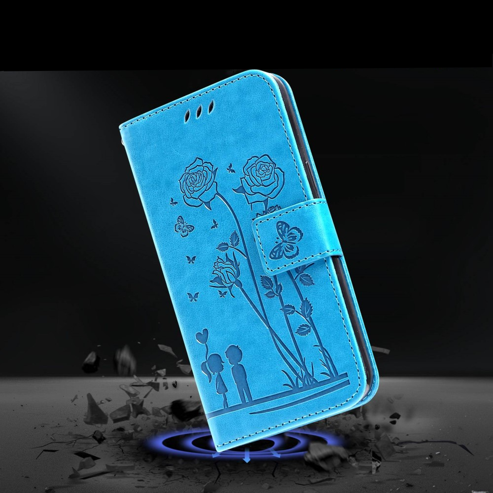 iPhone 13 Pro Leder Tasche mit Kartenfach Love Roses - Blau