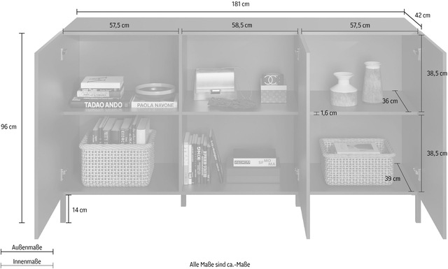 INOSIGN Sideboard »Snake, Kommode, Anrichte, Stauraummöbel Breite 181 cm, Siebdruck-Front« moderne Wohnmöbel, 3 Türen, viel Stauraum, stilvoll und funktional