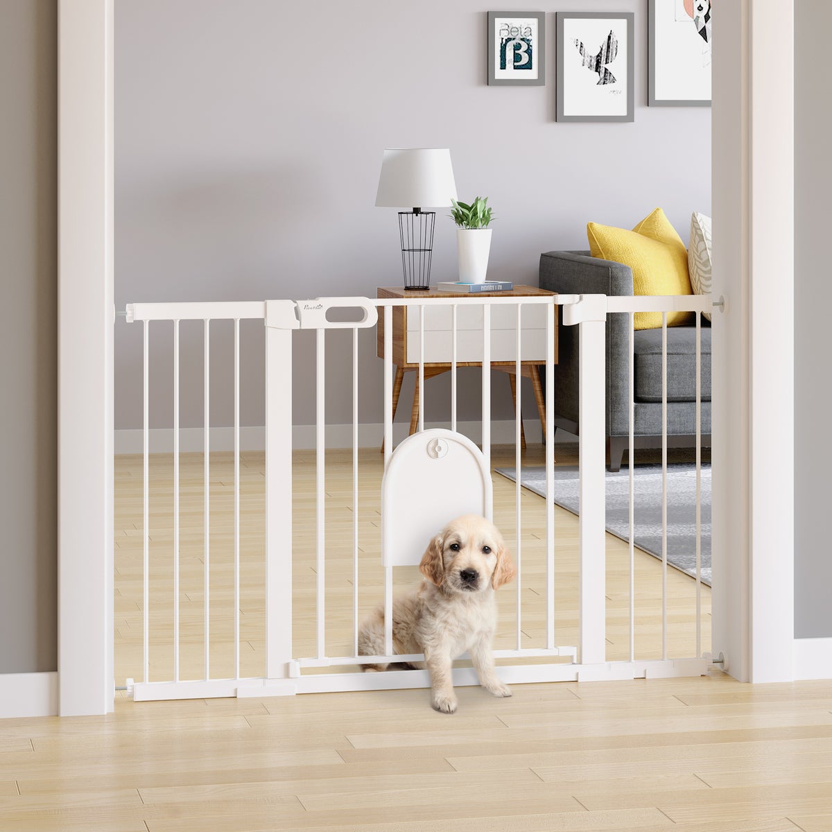 PawHut Veiligheidshek, 75-131B x 76H cm, Metaal, ABS, Wit