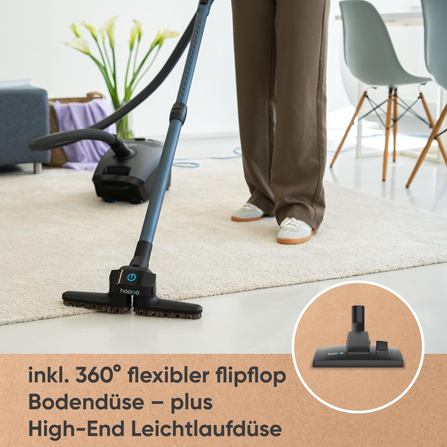 hoogo B3+ Graphit mit Flipflop Bodendüse | Staubsauger mit Beutel | Starke 850 W Saugleistung | HEPA 14 Filter | 11 Meter Radius | Nur 74 dB(A) | 3 L Fassungsvermögen