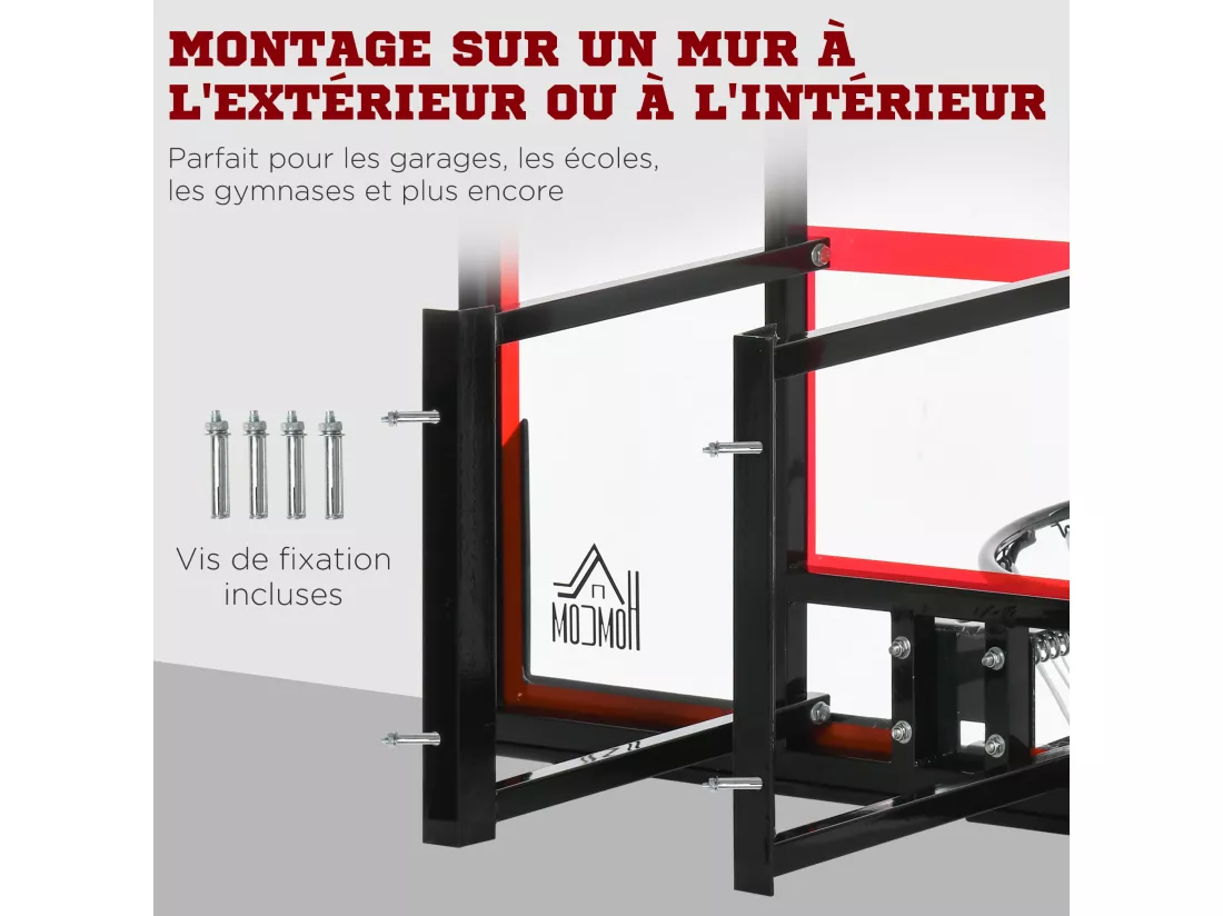 Panier de basket-ball mural avec ressort - panneau de basket à accrocher - visserie incluse - acier PC rouge noir