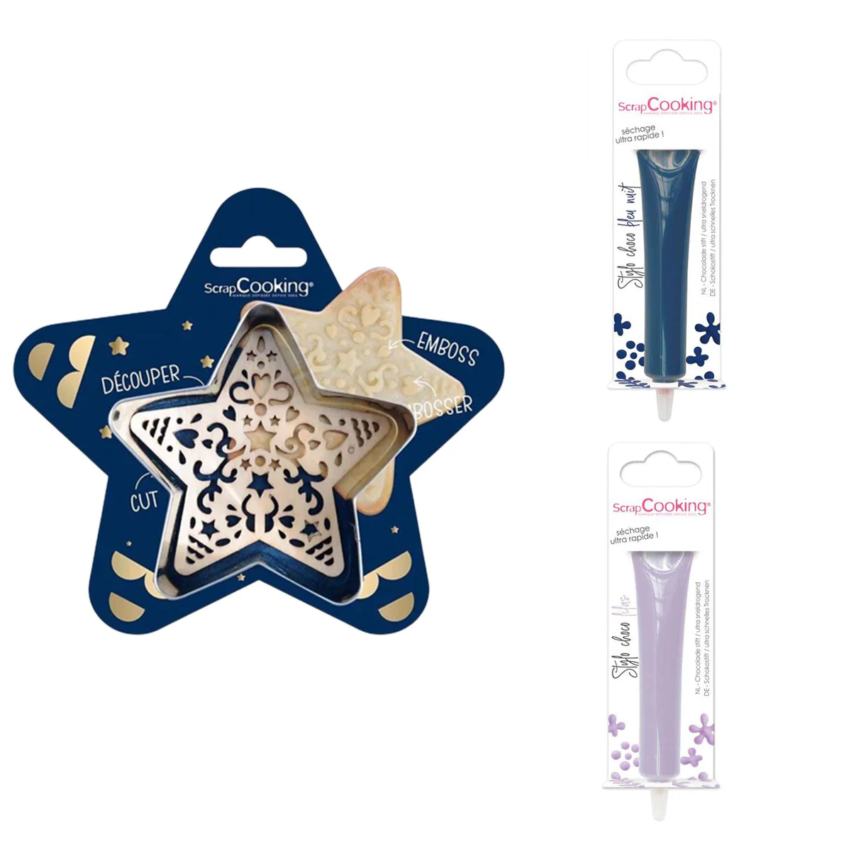 Kit pour biscuit en relief Étoile + 2 Stylos au chocolat bleu nuit et