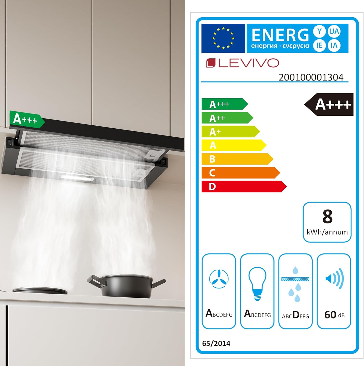 LEVIVO A+++ Flachschirmhaube 60cm Umluft & Abluft mit 400 m³/h, Einbau Dunstabzugshaube mit 2 Aktivkohlefiltern, 2 Fettfiltern, 2 Stufen, LED-Licht, Dunstabzugshaube 60cm Unterbau, Schwarz