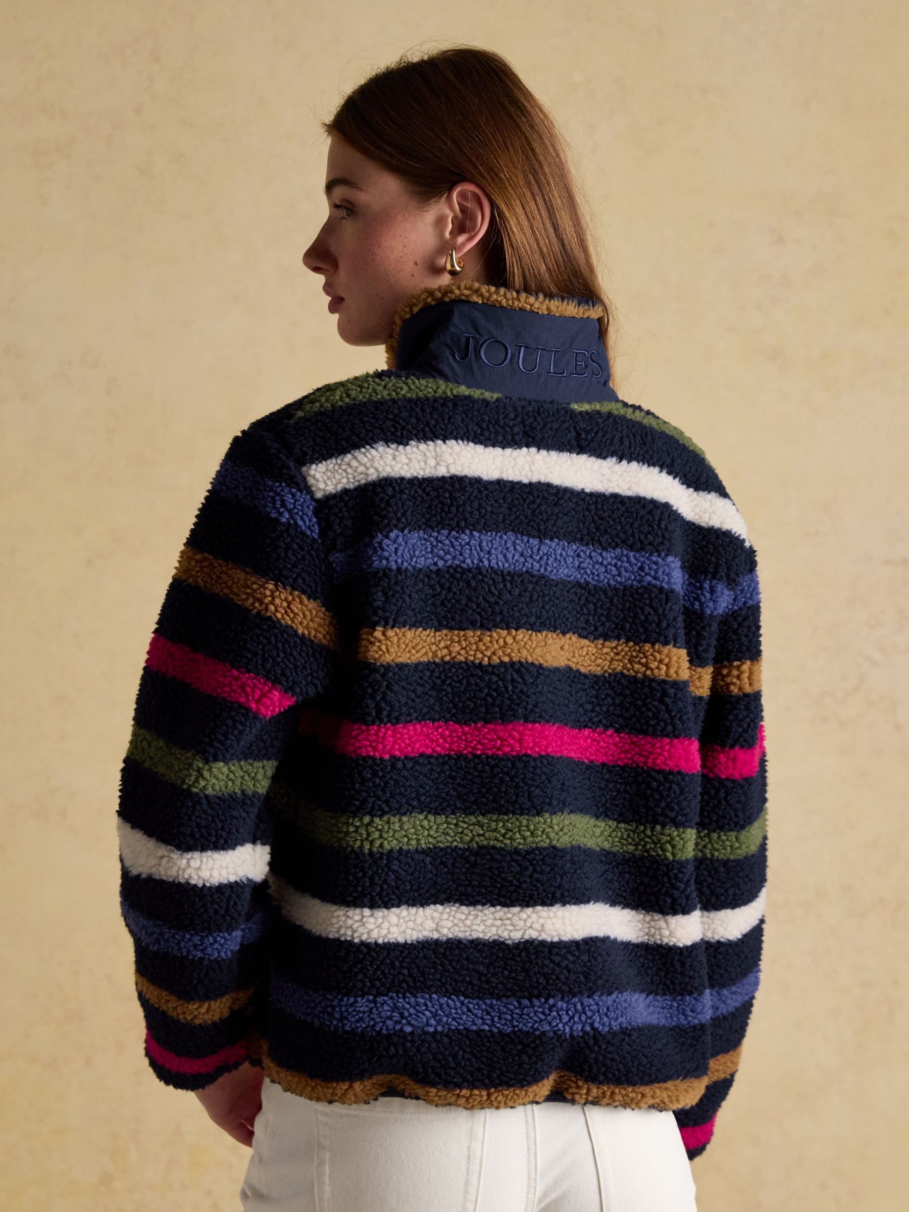Marineblauw met meerdere strepen - Joules Lottie borg fleece met ritssluiting