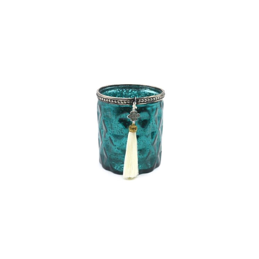 Glas-Windlicht blau mit Troddel, H 10,5 cm, Ø 9,5 cm von fischer's lagerhaus