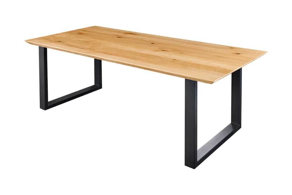 Massivholz Esstisch WILD OAK 160cm natur Wildeiche Schweizer Kante Metall U-Gestell