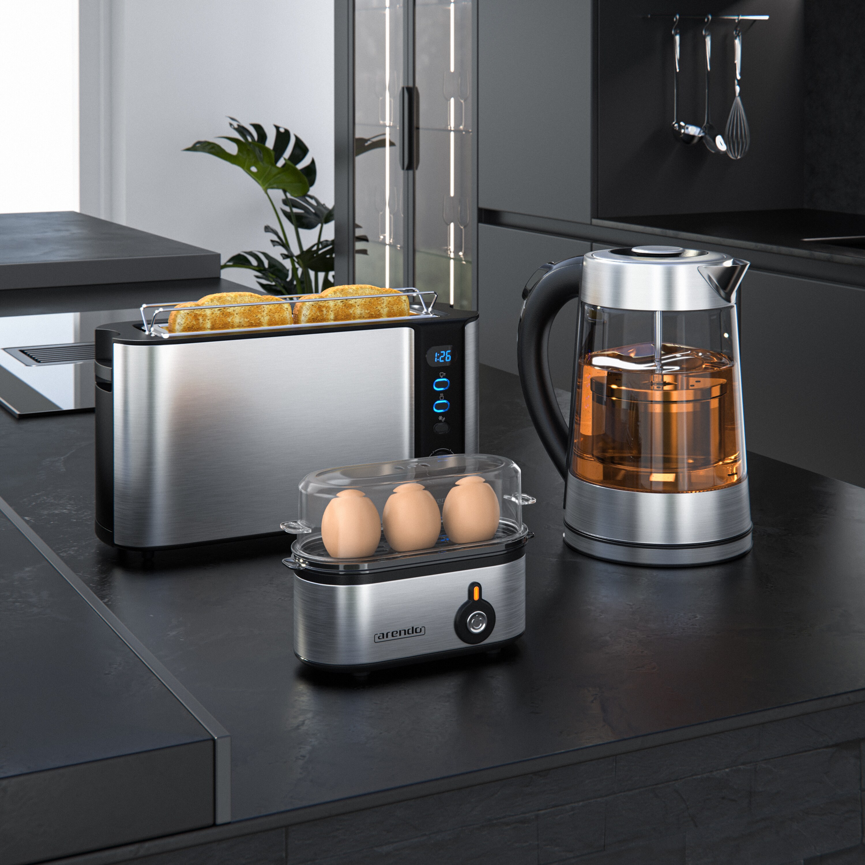 Arendo Frühstücks-Set in Edelstahl Optik - Wasserkocher, Toaster und Eierkocher