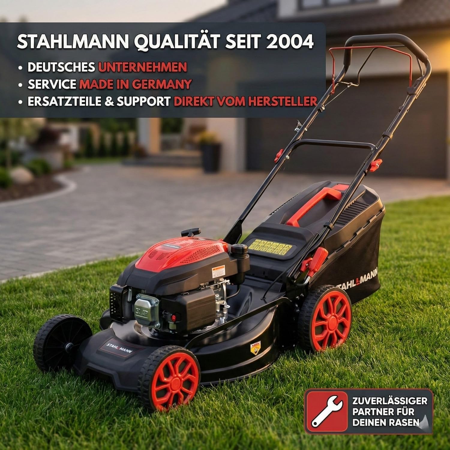 STAHLMANN Rasenmäher Benzin mit Antrieb BR532 – 7,0PS (5,1kW) 223ccm mit Antrieb, 53cm Schnittbreite, Mulchen, Schnitthöhenverstellung, Easy Clean Anschluss, Große Räder, 60L Korb