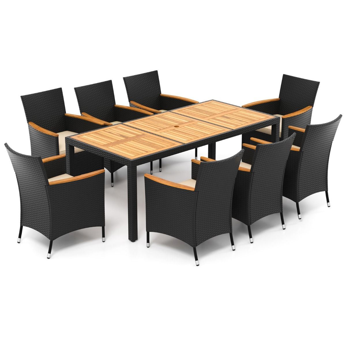 Salon de Jardin en Rotin 9 Pièces Plateau de Table en Acacia Ensemble de Salle à Manger avec Coussins Amovibles Trou Charge 180KG Beige+Noir - Lidl-Manfred