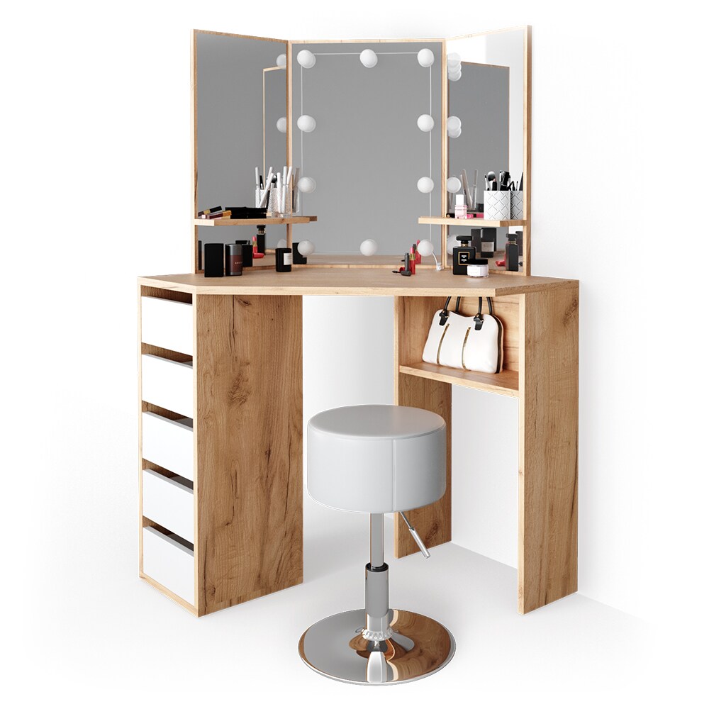 VICCO LED Eckschminktisch ARIELLE Kosmetik Schminktisch Spiegel Eiche Hocker