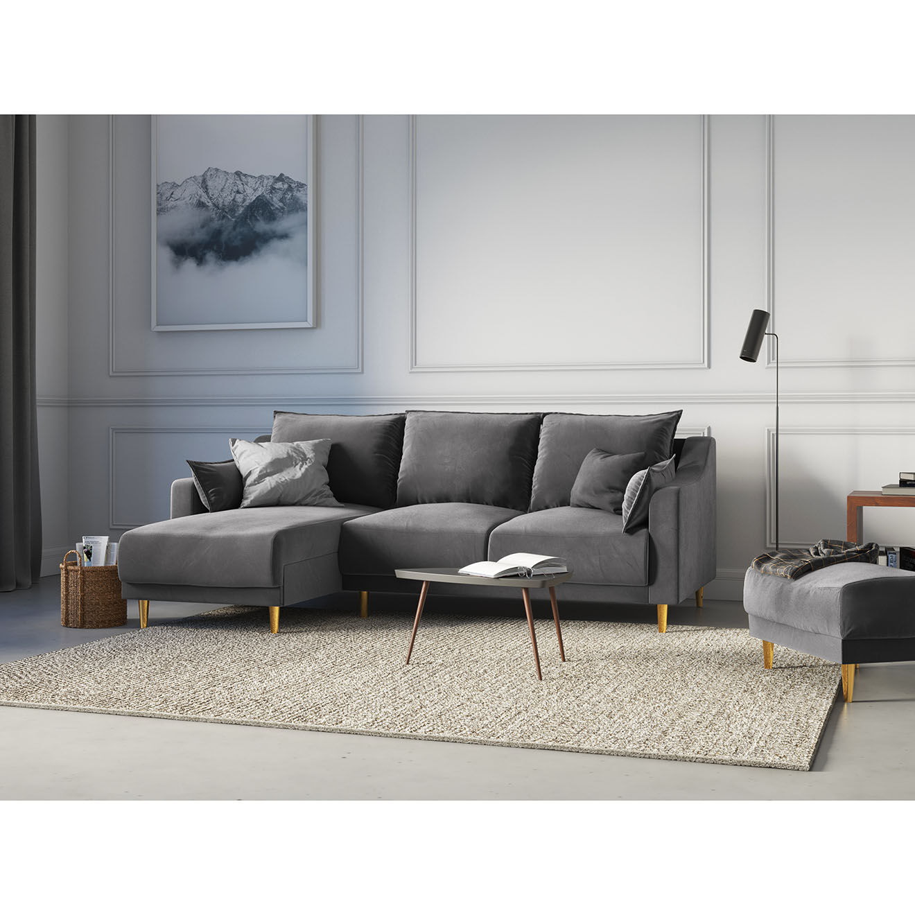 Mazzini Sofas Canapé d'angle droit réversible Convertible & Coffre en Velours Freesia gris clair - 220x150x90 cm