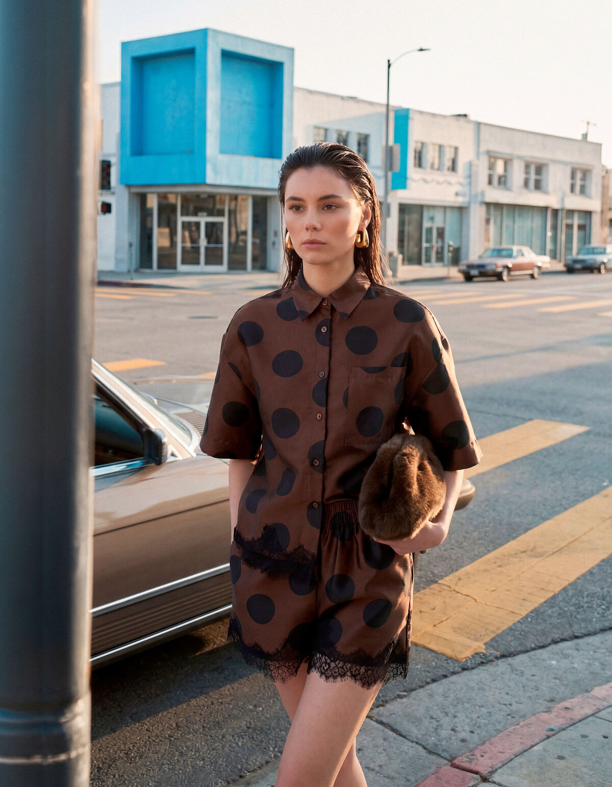 Oversized Kanten Polkadot Blouse Bruin