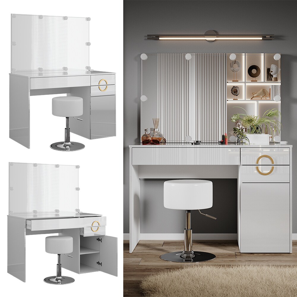 Vicco Schminktisch Adela Weiß Hochglanz, 115 x 76,4 cm mit Spiegel, LED, Hocker